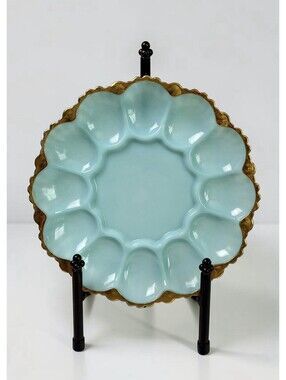 Vintage Fire-King Delphite Blue Deviled Egg Plate with 22K Gold Trim